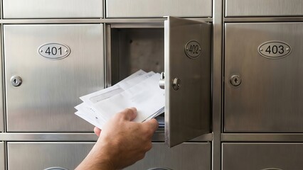 Hand picking up letters from a stainless steel apartment mailbox