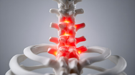 A clinical studio shot of a human spine model with red highlighted areas indicating pain or inflammation on a plain gray background for medical educational purposes