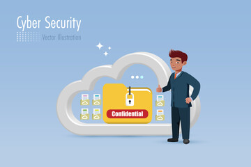 Businessman thumb up with locked confidential folder in cloud computing data storage. Cyber security, data protection on digital files. Vector.