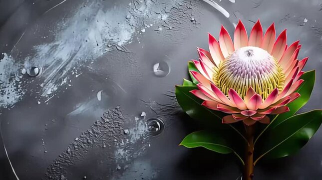A stunning pink and green Protea flower rests on a dark, textured background adorned with abstract white circular patterns, creating a dramatic and artistic display.