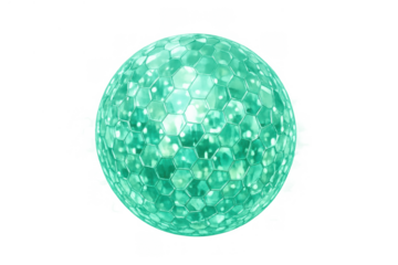 Green hexagonal sphere shining with light and reflections, a detailed gemstone or crystalline element on transparent background