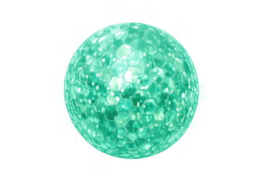 Green hexagonal sphere shining with light and reflections, a detailed gemstone or crystalline element on transparent background - Powered by Adobe