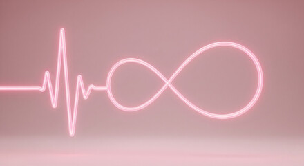 Pink neon heartbeat line transforming into infinity symbol on a light pink gradient background