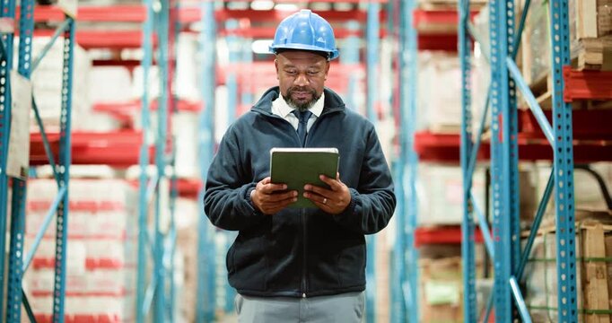 Mature man, tablet and logistics at warehouse with smile, notification and checklist at storage plant. African person, tech and happy with app, supply chain or inventory management for distribution