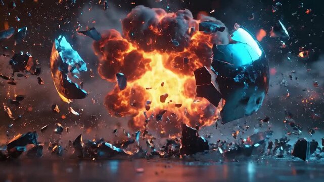 Dramatic explosion of a reflective sphere, shattering into fragments with fiery energy.