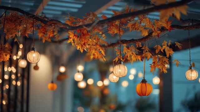 Autumn themed lanterns and pumpkins hang from a tree branch, illuminating a cozy outdoor evening scene. Warm lights and fall leaves create a festive seasonal atmosphere