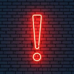 A bright neon exclamation point glows against a dark brick wall, attracting attention