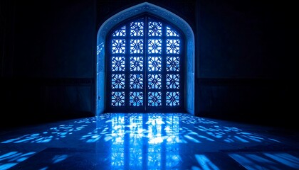Mystical Blue Light Through Ornate Doorway Creates Ethereal Shadows.