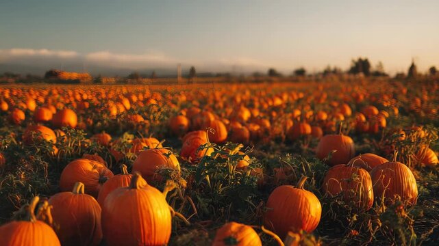 Vast pumpkin patch at sunset with vibrant orange pumpkins scattered across the field. Autumn landscape captures the golden hour glow and seasonal harvest atmosphere in rural countryside