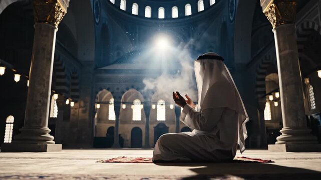 A muslim man kneels and performs dua in a solemn spiritual atmosphere, framed by columns inside a historic mosque, captured in a dramatic cinematic shot with intense sunbeams.
