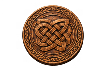 Bronze celtic knot round shield depicting ancient culture and spiritual connection, with intricate knotwork pattern on transparent background