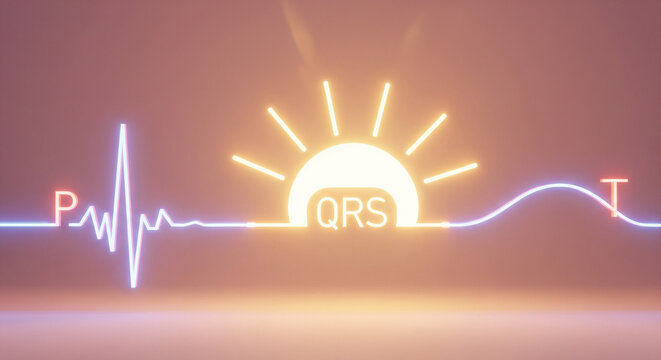 Neon electrocardiogram with p qrs and t waves and a sun shape in the middle on a soft pink background