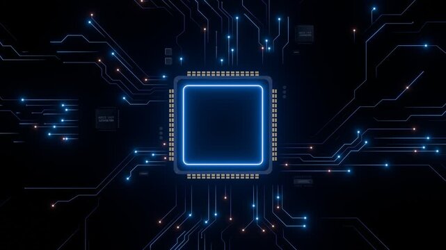 Futuristic Microchip with Glowing Neon Circuits Frame. Digital Technology, and AI in a High-Tech Virtual Interface. Product display background. Seamless loop. Created using non-AI 3d software