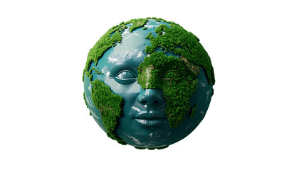A 3d isolated white background features a green planet earth globe concept with grass and leaf textures to symbolise global ecology, nature, and an eco friendly environment across every continent