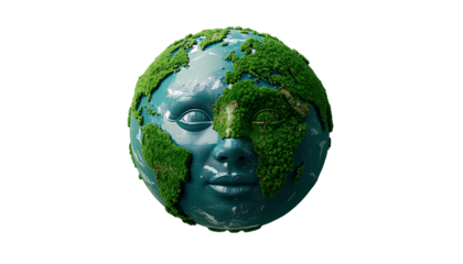 A 3d isolated white background features a green planet earth globe concept with grass and leaf textures to symbolise global ecology, nature, and an eco friendly environment across every continent