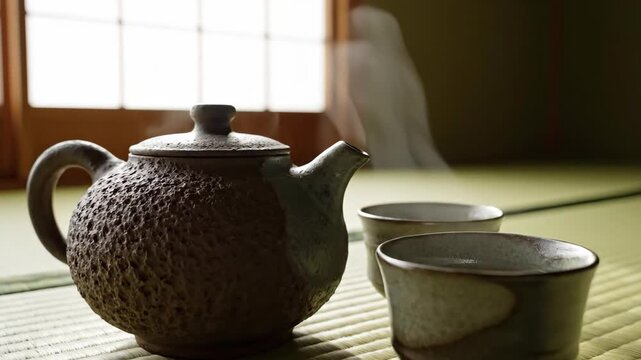 Tea set with teapot and cup in warm light, cozy still life