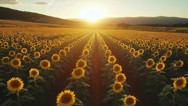 Vibrant sunflower field stretches towards the horizon under a warm, golden sunset.