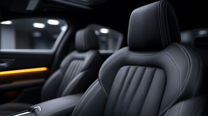 Luxury Car Interior Detail Featuring Leather Texture and Soft Ambient Lighting
