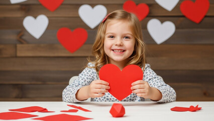 Cute little girl holding a red paper heart for valentines day
