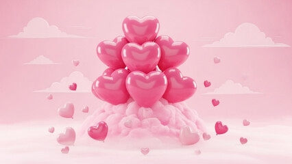Surreal 3D render of heart balloons over a pink cloudscape