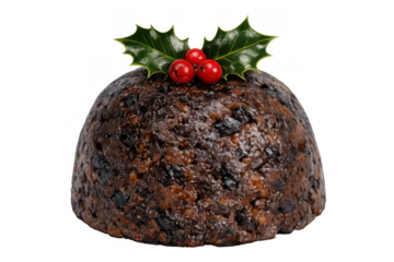 Traditional christmas pudding with holly and red berries, a classic holiday dessert perfect for winter celebrations and festive dining events