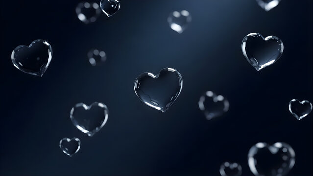 Moody Valentine background dark navy blue with floating translucent glass hearts catching soft light, cinematic and sophisticated
