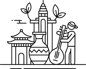 Fototapeta premium Person Playing Traditional Instrument Near Asian Architecture and Pottery.
