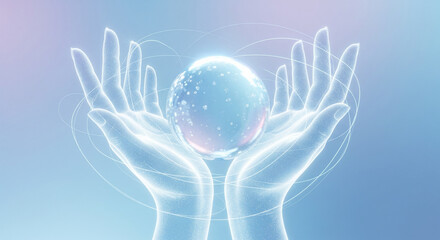 Illuminated orb held by two ethereal hands with circular energy lines against a blue background