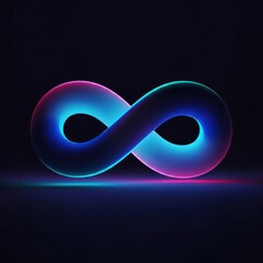 Glowing, 3D infinity symbol with a gradient of blue and pink on a dark background