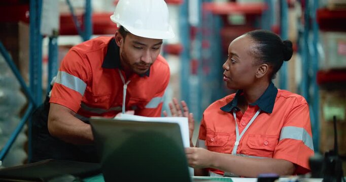 People, reading and document for logistics in warehouse for supply chain, inventory and delivery. Staff, laptop and paperwork for stock check, shipping schedule and teamwork at distribution industry