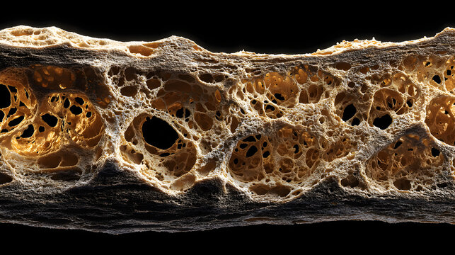 A detailed macro shot of porous bone texture representing a spongy osseous structure with numerous cavities and holes on a black background with medical