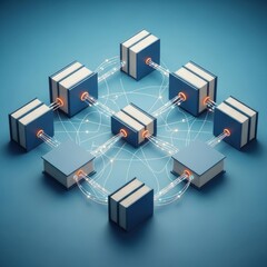 Obraz premium Isometric view of interconnected cube-shaped blocks with glowing lines, on a blue backdrop