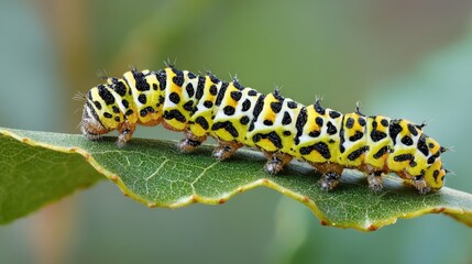 Naklejka premium Colorful Caterpillar Crawls on Leaf with Unique Pattern and Textured Skin in Natural Green Environment, Close-Up Shot Highlighting Insect Details