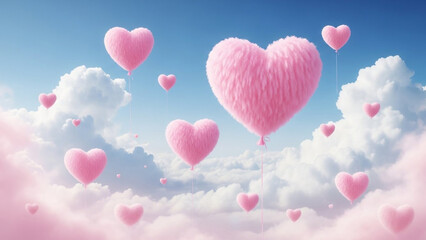 Romantic sky scenery with many pink hearts floating in the air