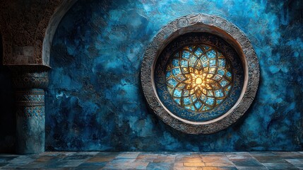 Ornate window, blue wall, arched room, Islamic architecture, background design