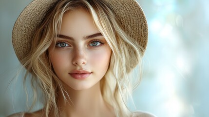 Blonde woman, summer hat, portrait, bright background, beauty