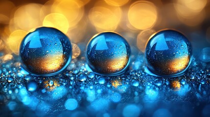 Three glass spheres reflecting light, bokeh background, abstract art, website decoration