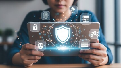 A focused individual holding a sleek digital tablet displaying a prominent, glowing blue shield icon at its center, surrounded by a constellation of interconnected cybersecurity symbols including a