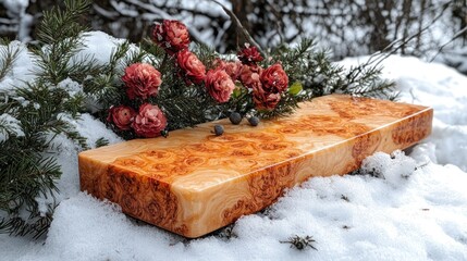 Resin wood serving board in snowy winter forest