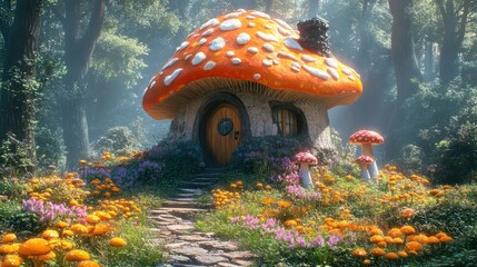 Enchanting mushroom house in a magical forest, fantasy home