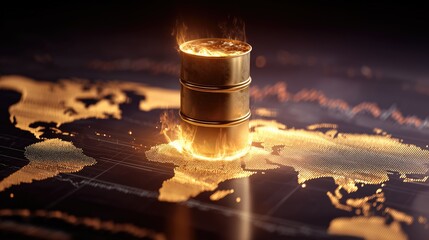 Business development challenge symbol of a burning golden oil barrel on a digital world map, highlighting global energy crisis urgency.
