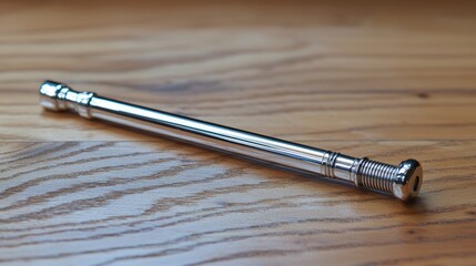 Chrome pen on wood; writing instrument detail; office supplies; design; craft