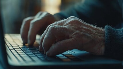 Elderly person typing on laptop indoors, close-up
