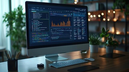 Programmer analyzing data on desktop at night