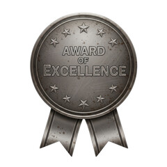 Distressed metallic silver award of excellence medal with stars and ribbon, grunge texture, recognition symbol isolated on transparent background