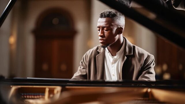 A talented musician deeply immersed in the art of piano playing, capturing the essence of creativity and emotion in a serene and elegant setting.
