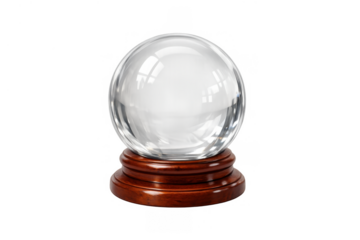 Crystal ball on wooden stand. Predicting the future, fortune telling, and mystical foretelling concepts