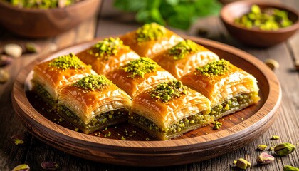 Delicious Baklava Dessert with Pistachios on a Wooden Plate.