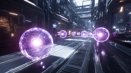 Glowing purple energy orbs float down a metallic futuristic corridor suggesting a science fiction transport or high technology power conduit concept