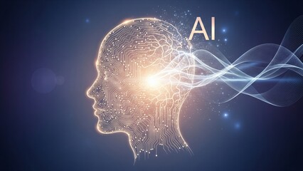 Artificial Intelligence Neural Network Concept with Glowing Human Mind and Data Waves